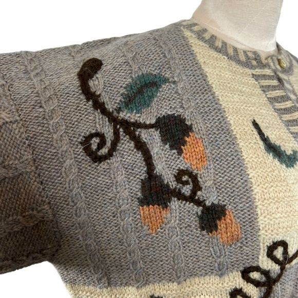 Vintage 80's Eddie Bauer All Week Long‎ 100% Wool Floral Cable Knit Cardigan XL - Picture 9 of 11